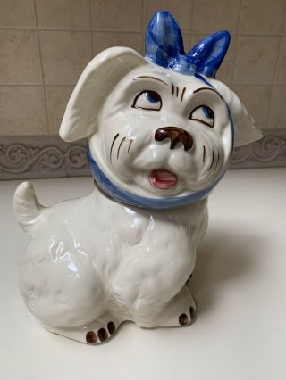 Vintage 1940 Rare Shawnee Muggsy Dog Pottery Blue And White Toothache Cookie Jar