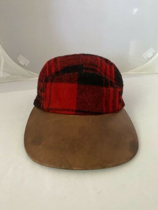 Rare Vintage Polo Ralph Lauren Wool & Leather 5 Panel Long Bill Red Plaid Hat