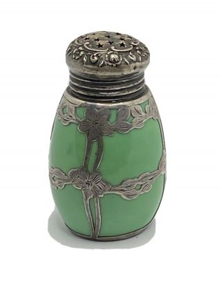 Antique Lenox Porcelain Green Glazed Fine Silver Overlay Art Nouveau Shaker Rare