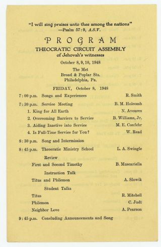 Rare 1948 Philadelphia Pa Theocratic Circuit Assembly Program Watchtower Jehovah