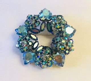 Rare Signed Sherman Blue Turquoise Ab Heart Shaped Crystals Wreath Brooch