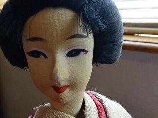 Japanese Rare Vintage Hand Made Cloth And Wood Geisha Doll With Silk Kimono