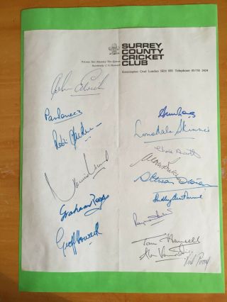 1975 Signed X 16 Surrey Team Sheet Rare N Perry Verrinder Aworth Younis Hansell